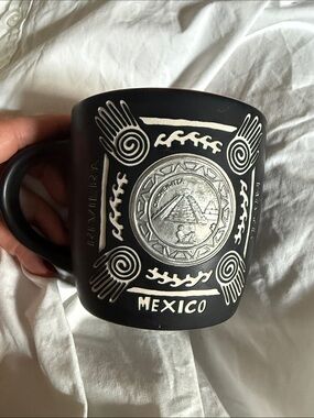 Mexico Black Ceramic Coffee Mug with Silver Aztec Medallion